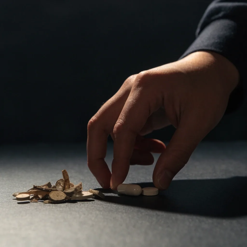 A single capsule, a pressed tablet and a small pile of botanical slices arranged on a matte grey surface