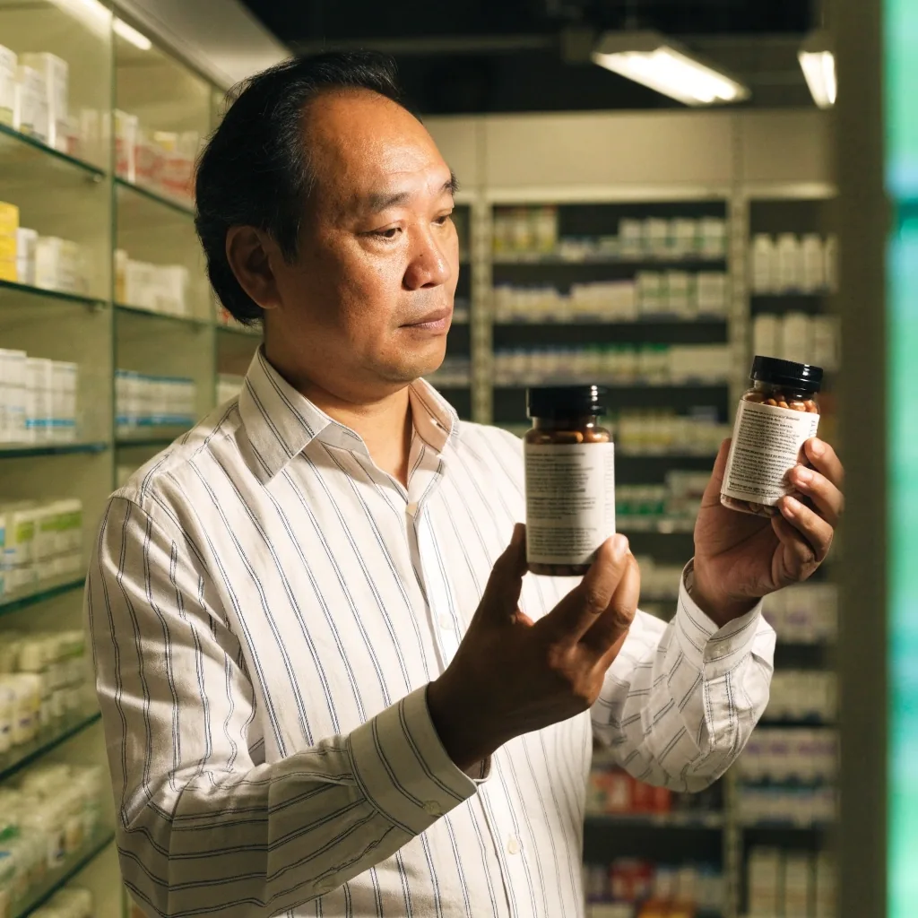 A man standing in a pharmacy aisle comparing the back panels of two plain unbranded supplement bottles