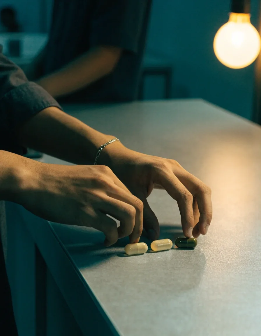 Blank paper register sheet and three unbranded capsules arranged by hand on a matte apotek counter under a single warm bulb