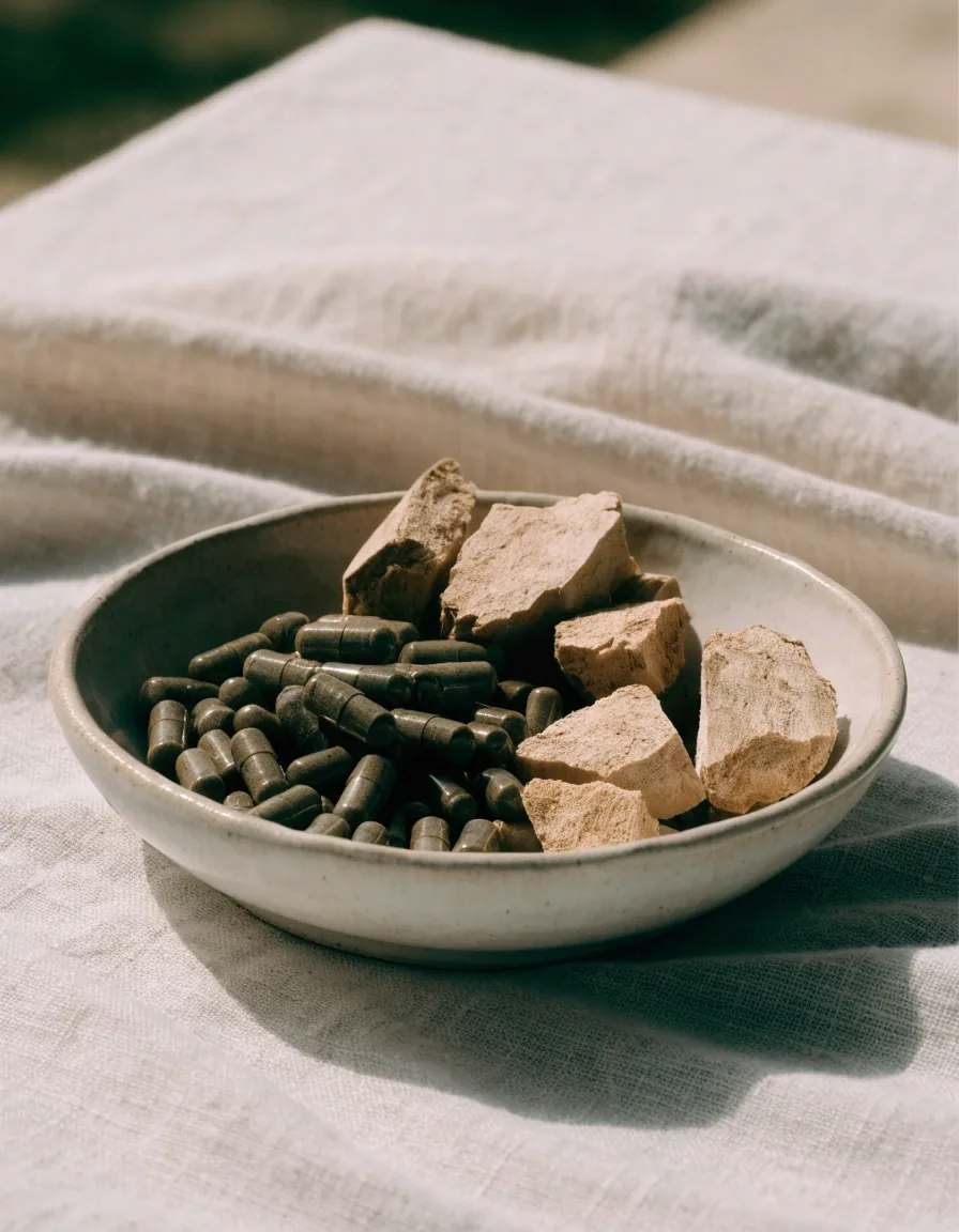 Anonymous herbal capsules and whole dried botanical pieces arranged in a shallow matte dish on a plain pale surface