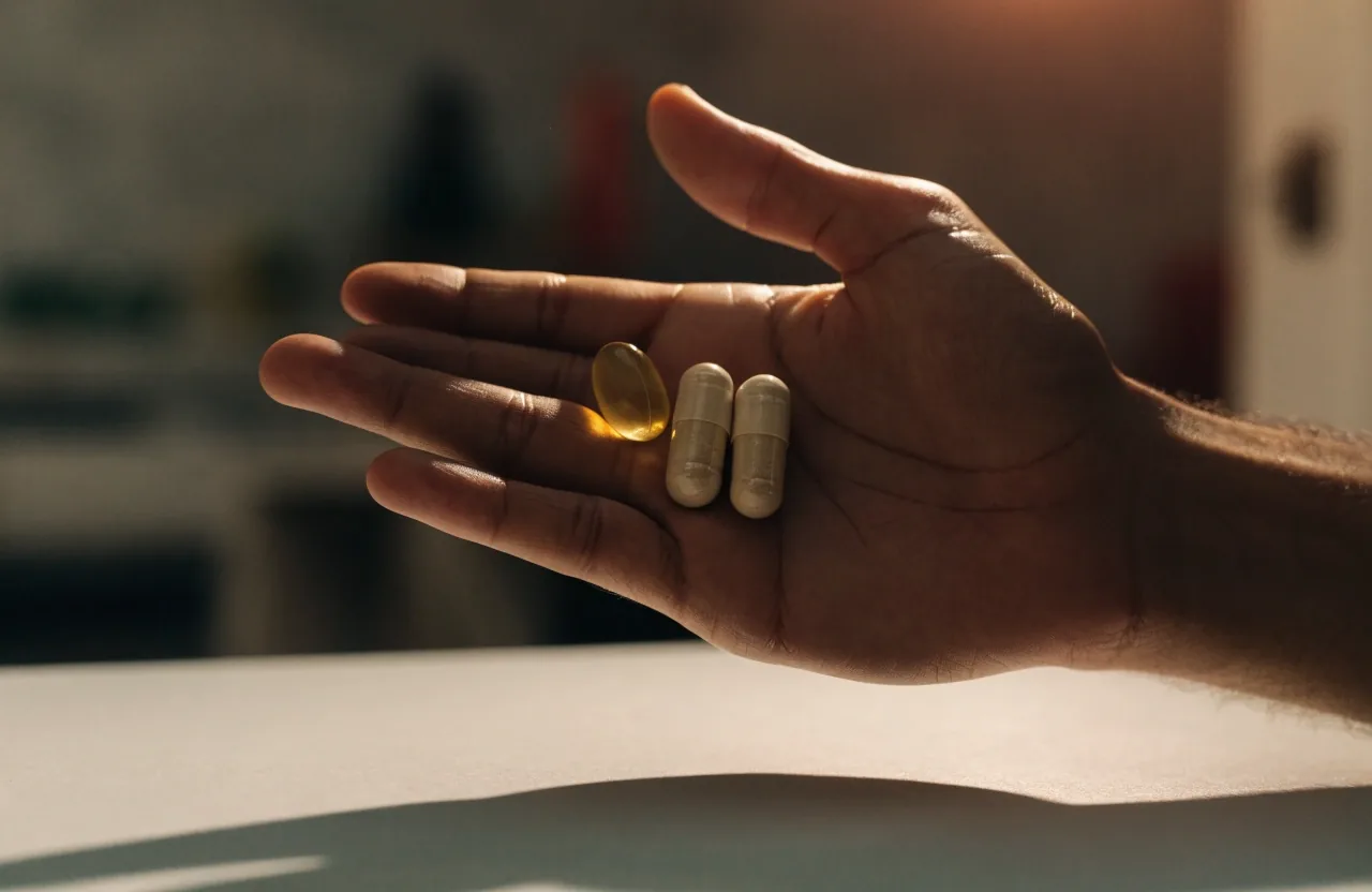 Unbranded capsules and a softgel scattered on a pale matte tabletop beside a folded blank slip of paper