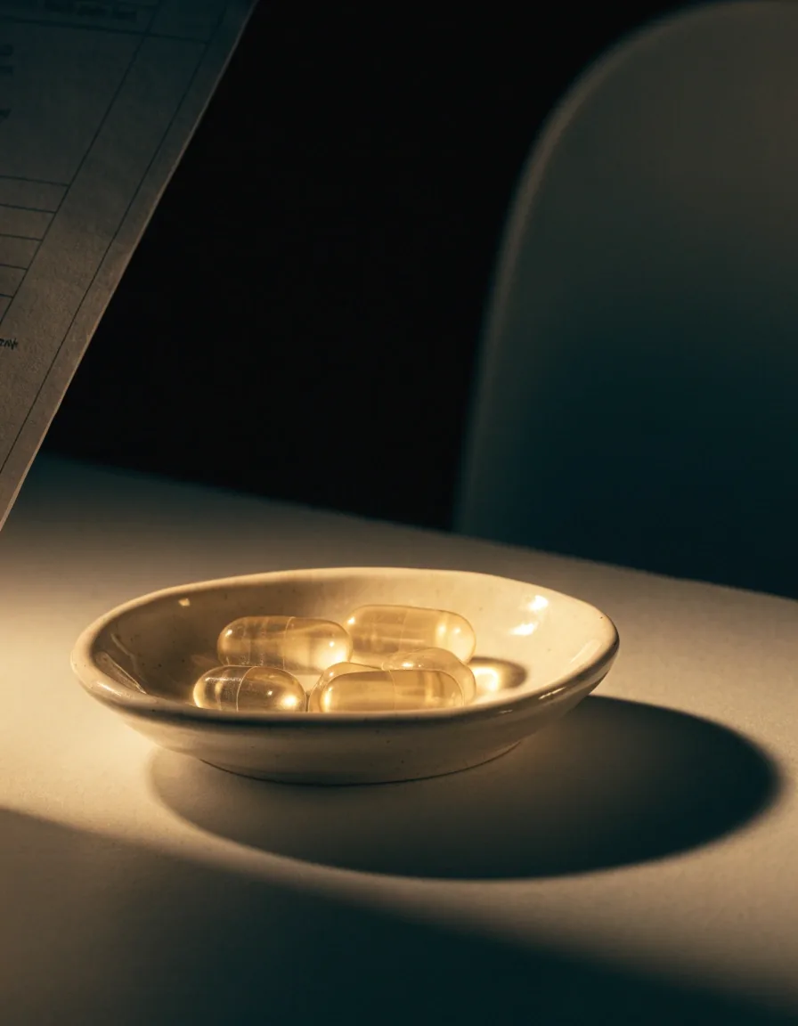 A paper register and a few unbranded capsules placed on the apotek counter in Bandung