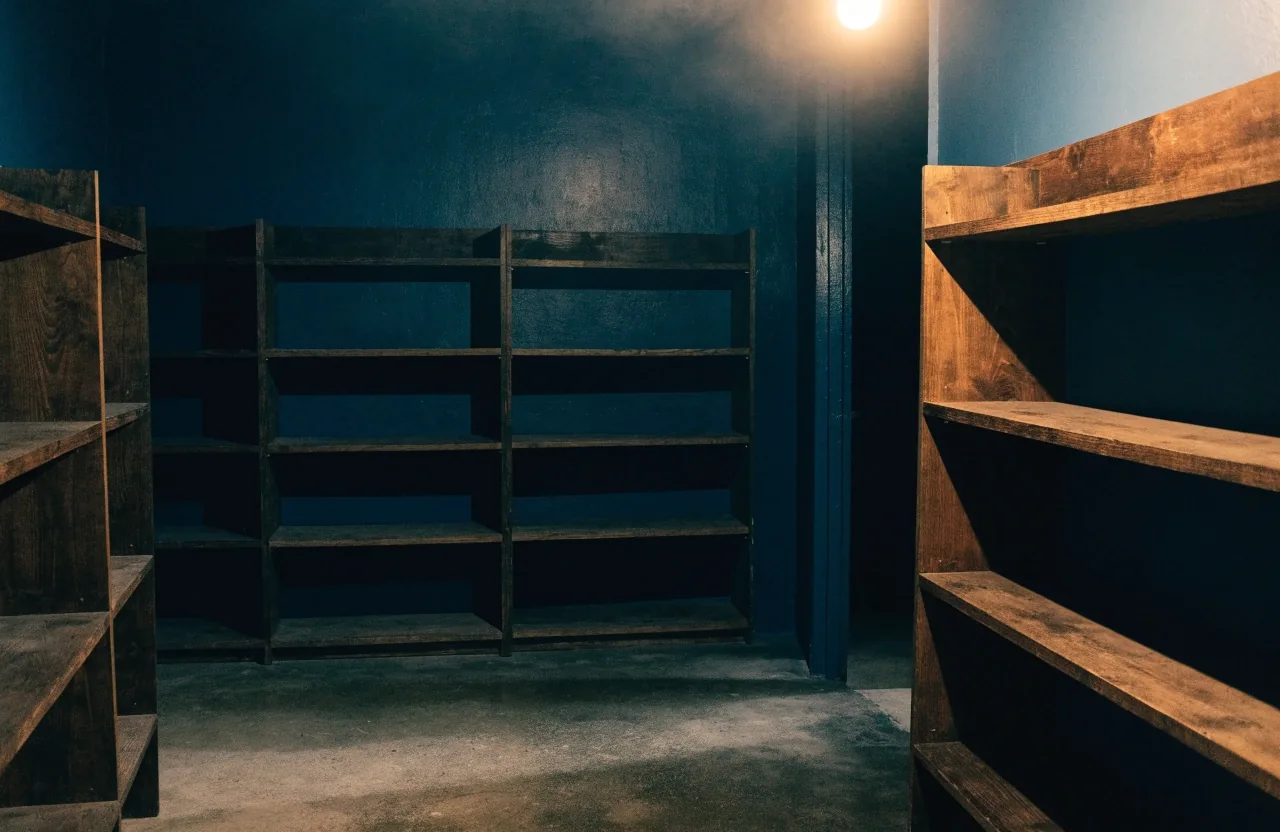 The empty back room of the Bandung apotek where the editorial team works, lit by one warm bulb