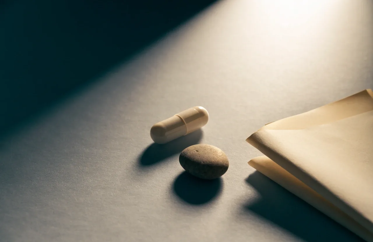 A folded blank sheet, a single unlabelled capsule and a small stone on a matte surface