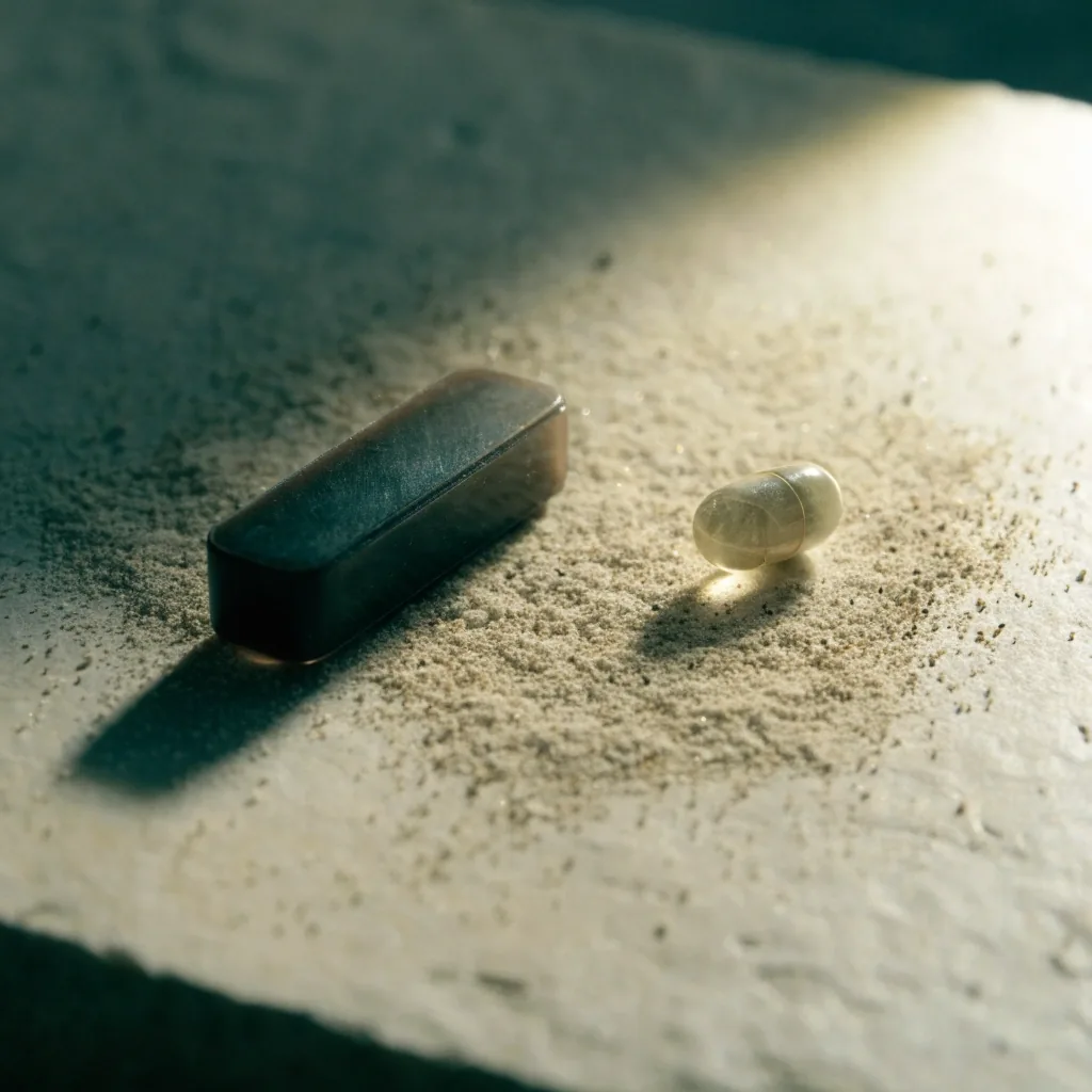 Macro view of an unlabelled tablet, a softgel and a small pile of powder on a matte surface