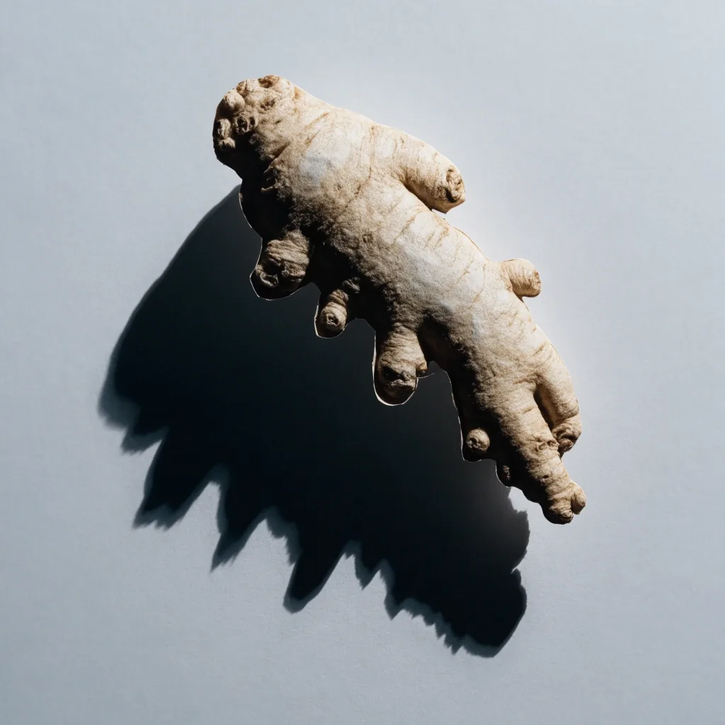 A single dried ginseng root cut out against a matte cool surface under one hard light