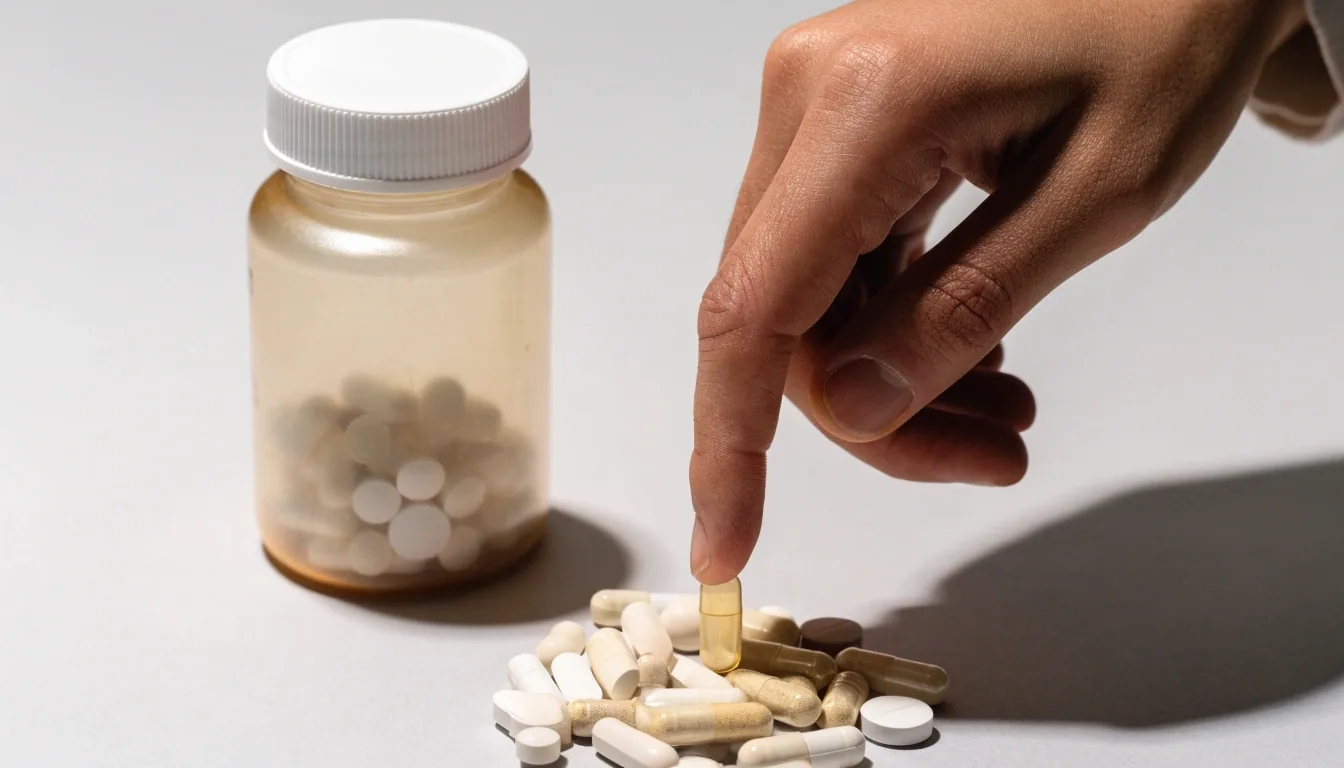 An unlabeled supplement bottle beside a pile of mixed capsules and tablets on a matte surface