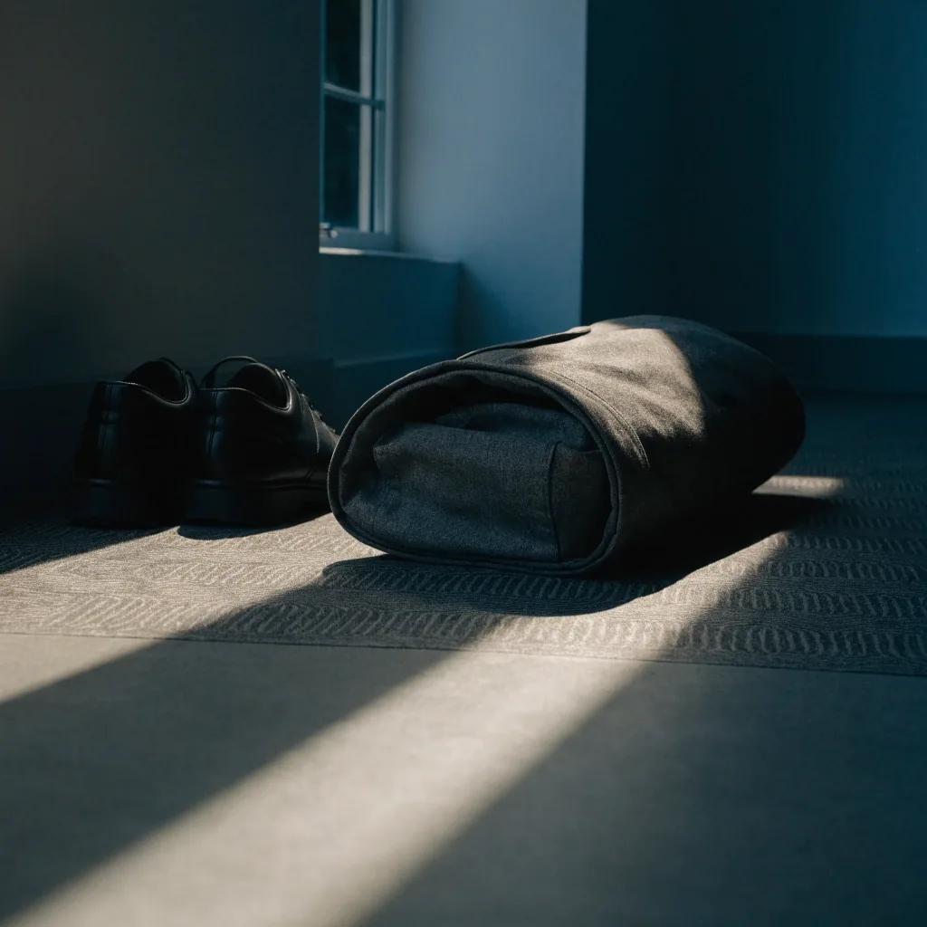 A rolled travel bag on a hotel room mat beside walking shoes under diagonal morning light