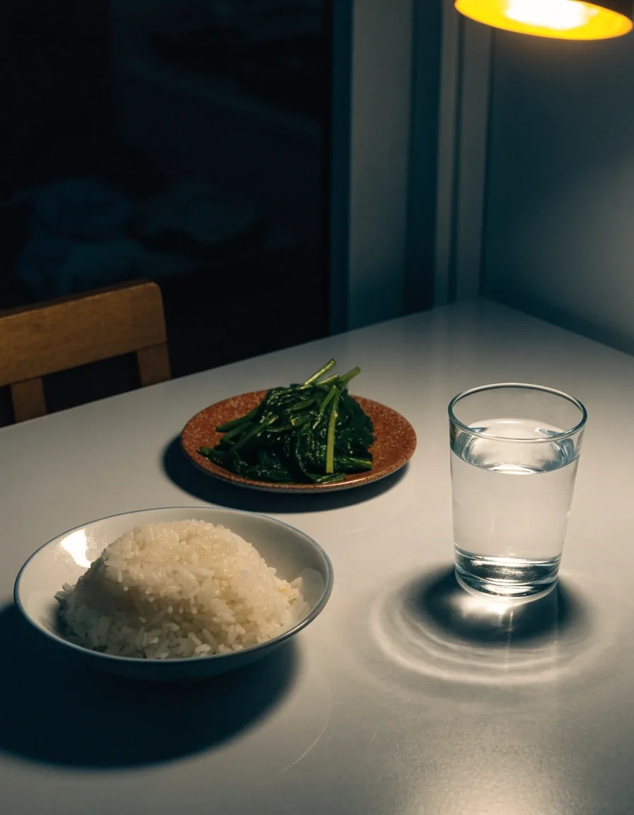 A plain home plate of rice with a small bowl of greens and a glass of water on a cool grey counter under warm lamplight