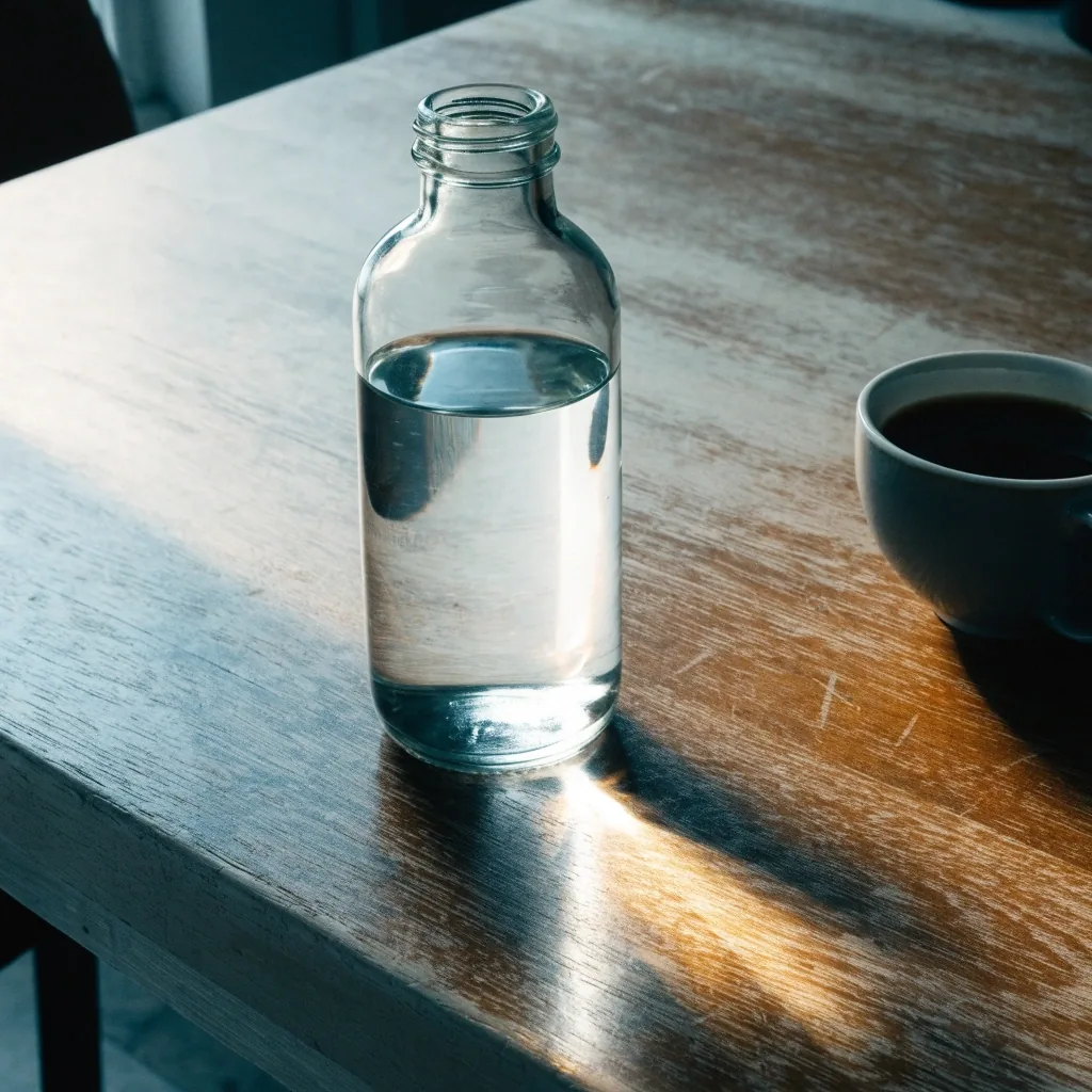 A plain glass water bottle beside a half-finished cup of coffee on a scuffed wooden desk in daylight