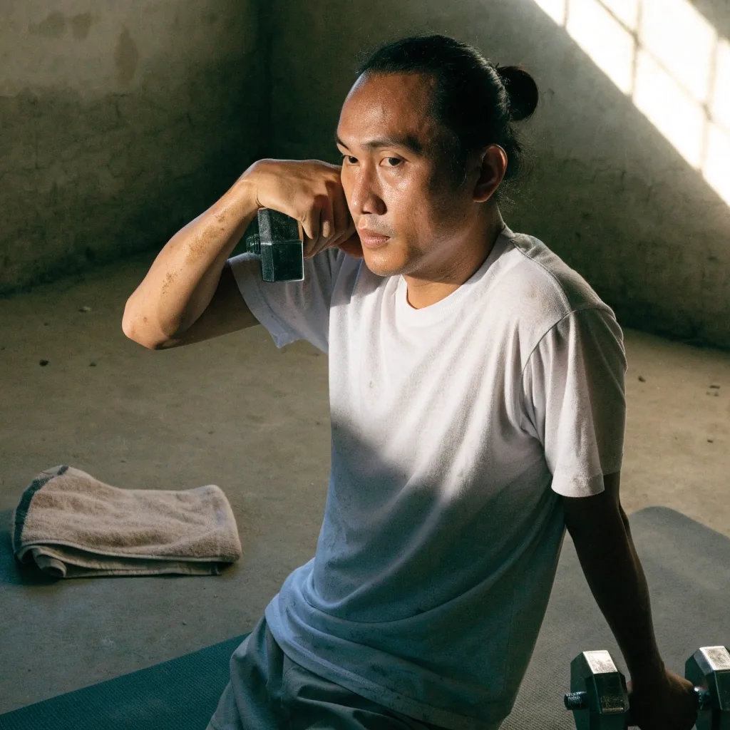 A man finishing a short home training session with a single dumbbell in a bare concrete room lit from an upper window