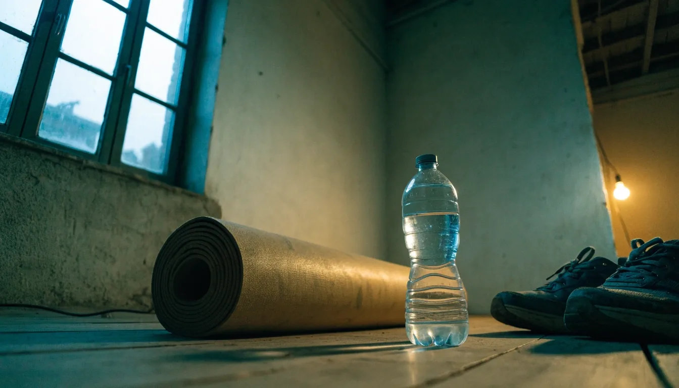 A quiet home training corner with a mat, a water bottle, and trainers in early daylight