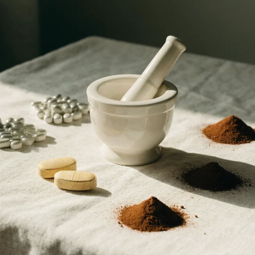 Pairs of anonymous tablets, capsules, and a softgel arranged side by side on a matte surface