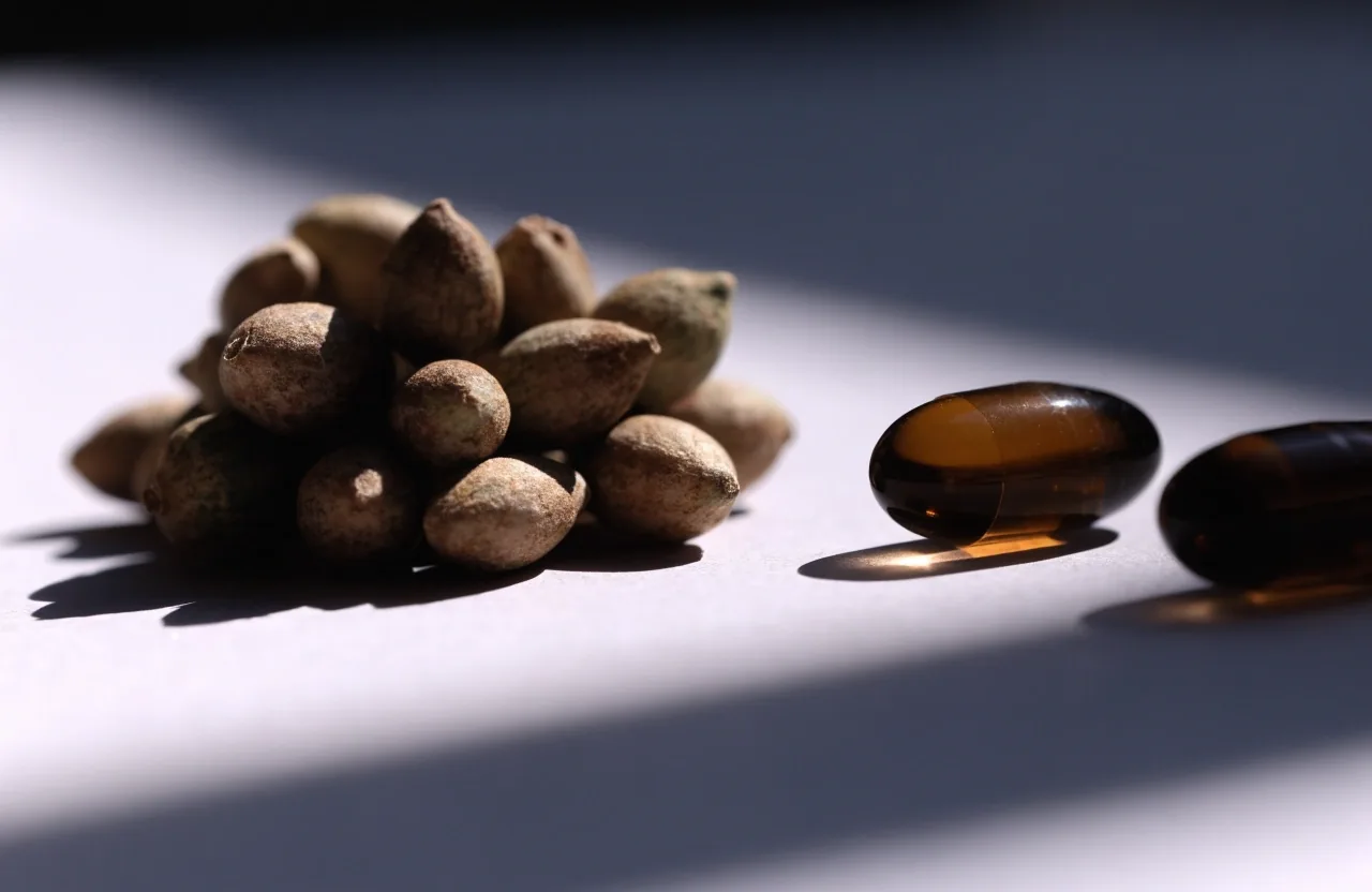 Two anonymous supplement softgels held in an open hand against a matte wall