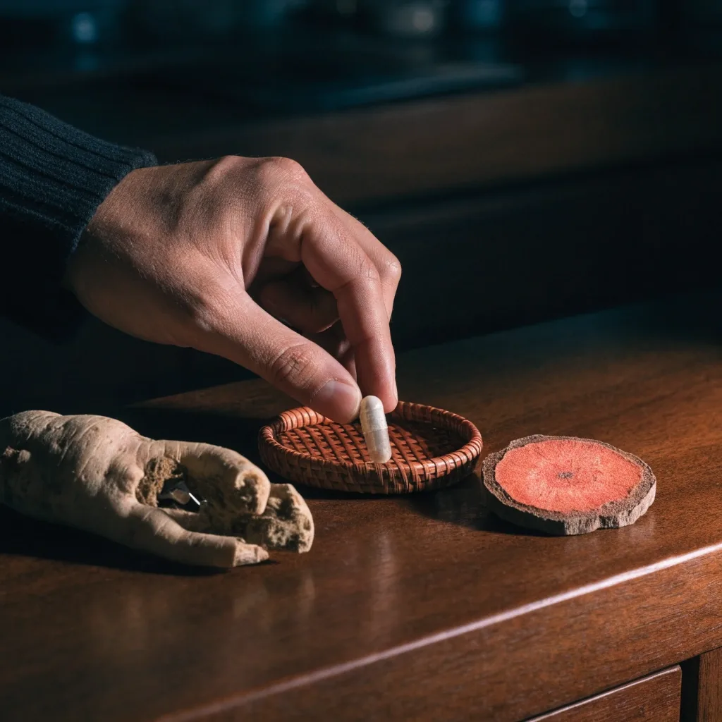 Anonymous herbal capsule with ginseng root fragment and dried maca slice arranged on a matte board