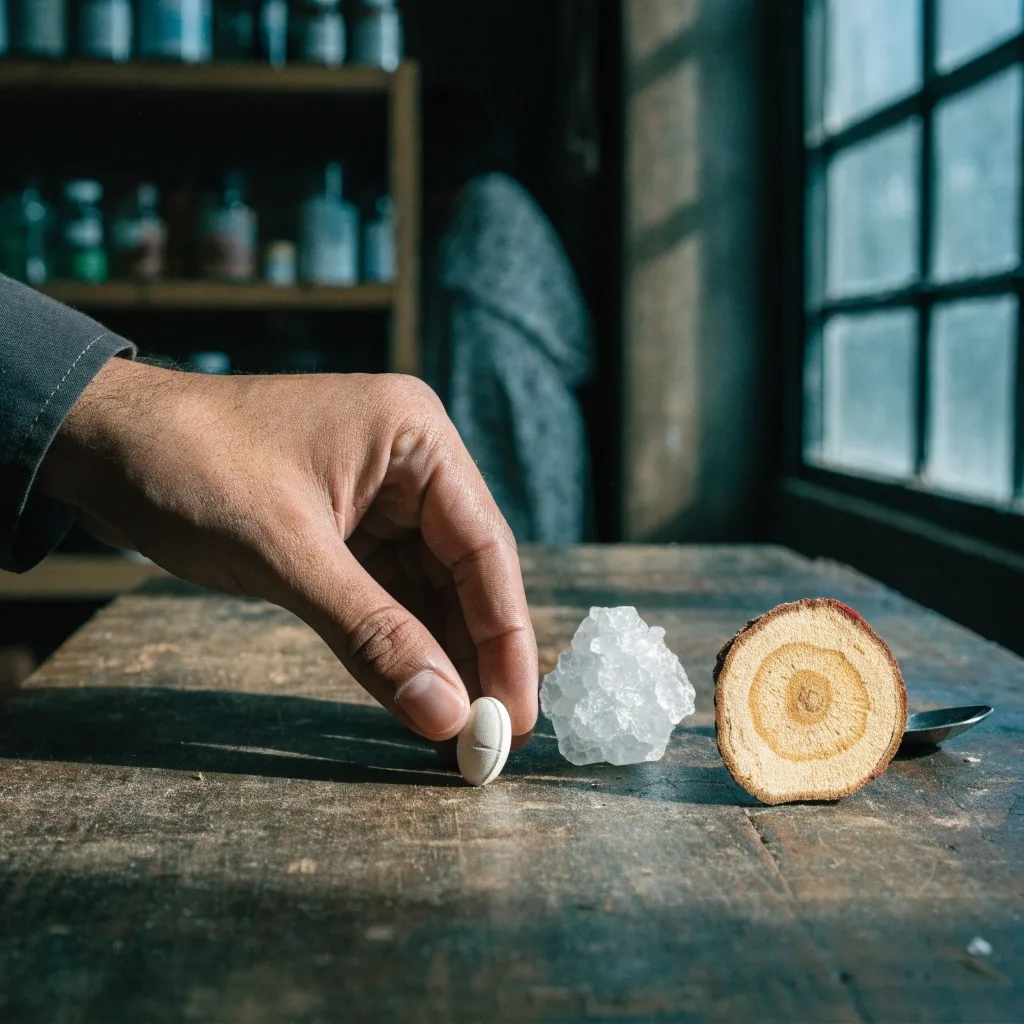 Anonymous men's multivitamin tablet, zinc crystal cluster and dried maca root slice cut out against a flat cyan field