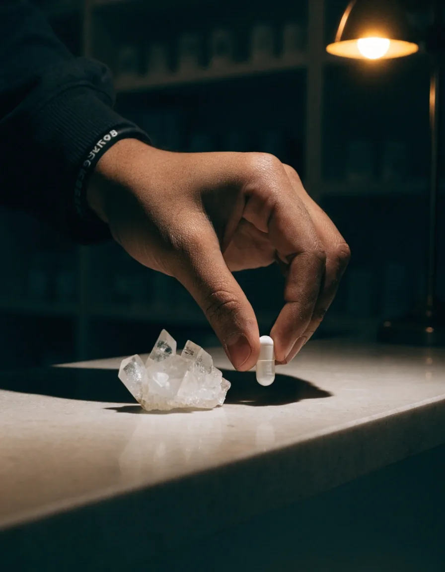 Hands arranging an anonymous capsule and zinc crystal cluster on a matte countertop in a dim shop interior