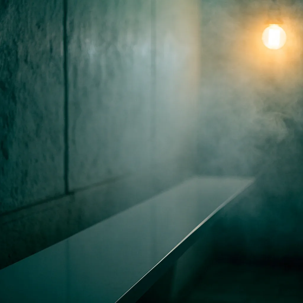 A quiet corner of an apotek at night with a bare matte shelf, fog, and one out-of-focus bulb glowing in the corner