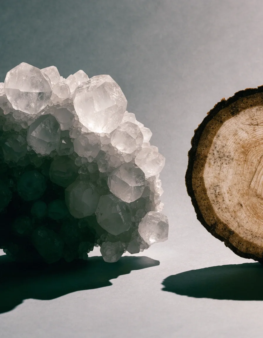An unlabelled mineral crystal cluster and a dried botanical root slice on a plain matte surface under one warm directional light